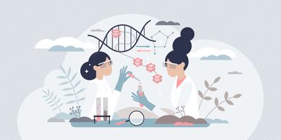 A graphic illustration of two female researchers in PPE working in a lab with vectors of DNA structure and its packaging in the background.