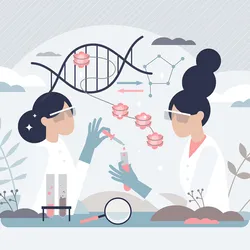 A graphic illustration of two female researchers in PPE working in a lab with vectors of DNA structure and its packaging in the background.