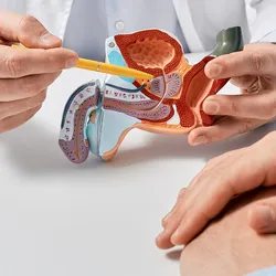 A clinician points to a model of the human prostate gland to a person out of frame but with their palms crossed on the desk beside a keyboard.