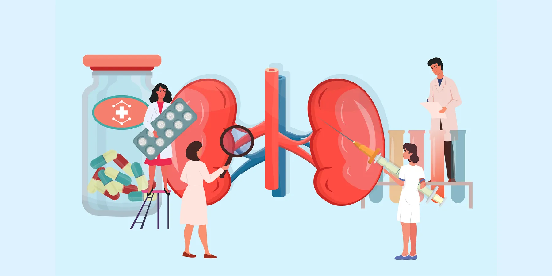 organoids-help-uncover-the-genetics-of-kidney-disease A vector illustration of clinicians, holding a magnifying lens and a syringe, examining the human kidneys with a bottle of drugs, tablets, and test tubes in the background.