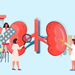 A vector illustration of clinicians, holding a magnifying lens and a syringe, examining the human kidneys with a bottle of drugs, tablets, and test tubes in the background.