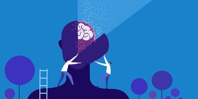 Conceptual illustration of a human brain being spilt open by two lab professionals against a blue background.