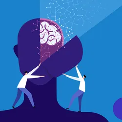 Conceptual illustration of a human brain being spilt open by two lab professionals against a blue background.