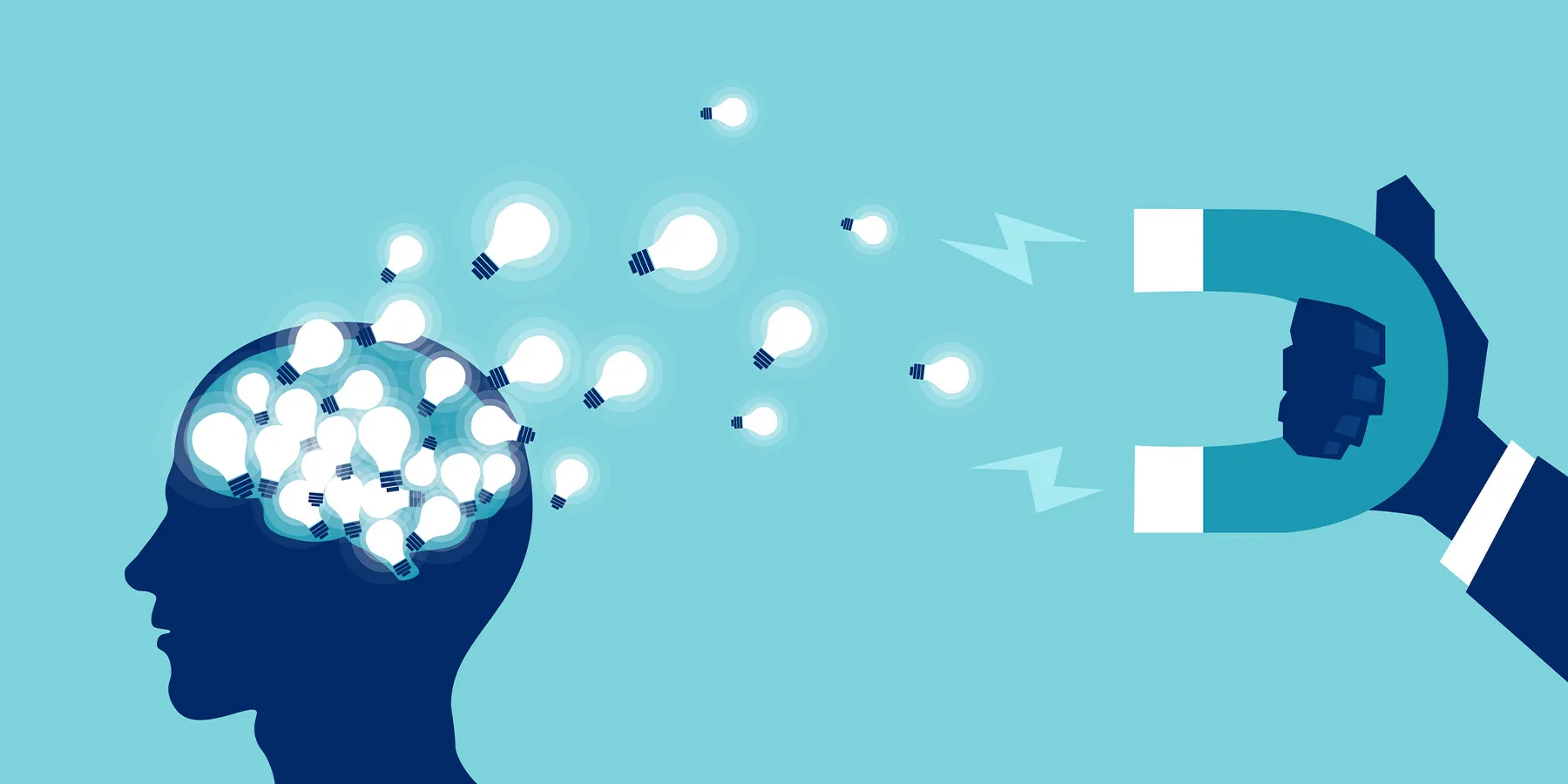 Illustration concept of someone holding a magnet that is pulling small lightbulbs out of a human brain against a blue background.