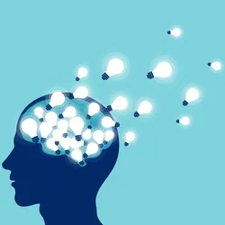 Illustration concept of someone holding a magnet that is pulling small lightbulbs out of a human brain against a blue background.