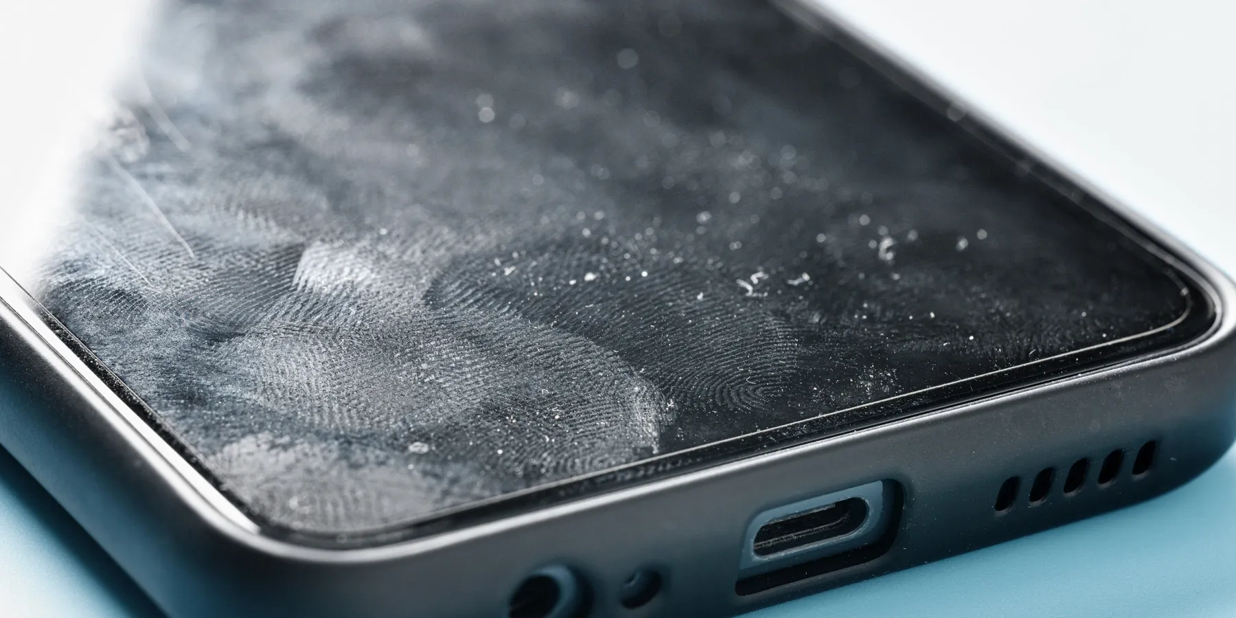 Close up photo of a smartphone with a white powdery substance and fingerprints on its surface.