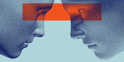  Illustration of two people staring at each other with a red rectangle around their zone of direct eye contact.