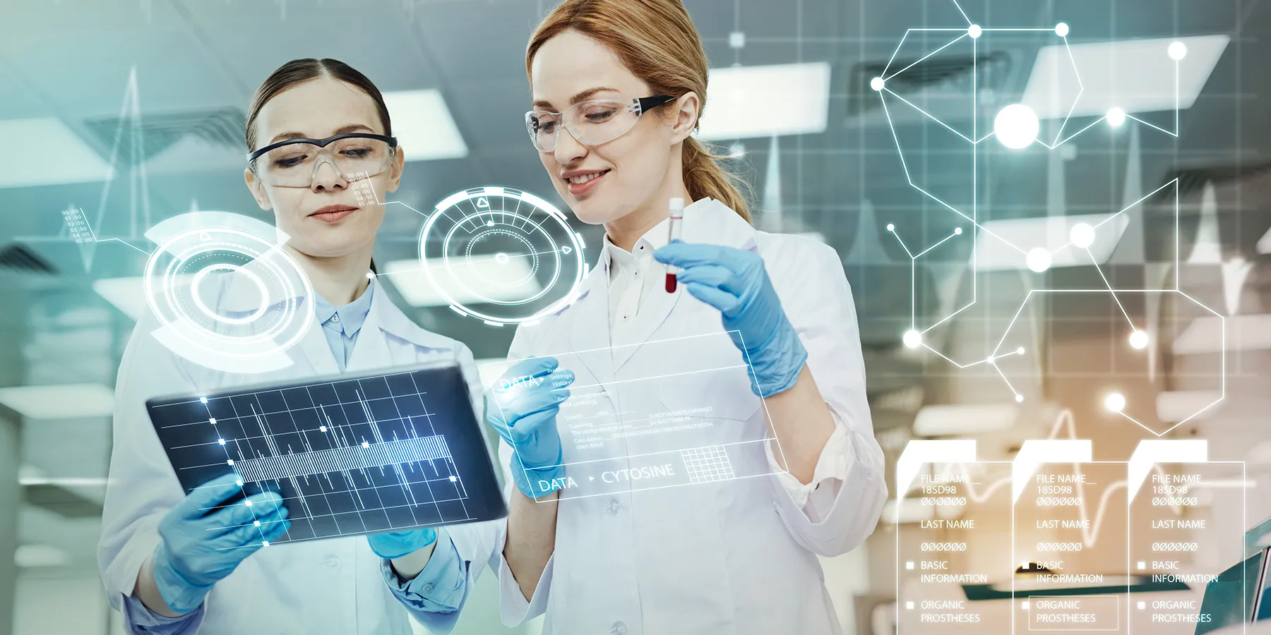 Clinicians reviewing lab test results on a tablet