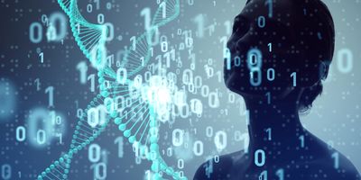 Illustration of a human profile against a background of digital zeros and ones representing healthcare data and AI processing.