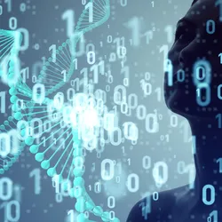 Illustration of a human profile against a background of digital zeros and ones representing healthcare data and AI processing.