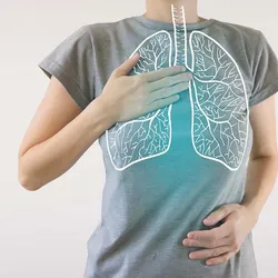 Person breathing with holographic image of lungs overlayed