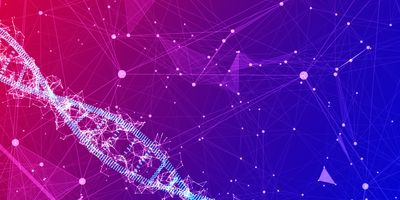 Illustration of a DNA helix against a purple and blue background.