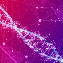 Illustration of a DNA helix against a purple and blue background.