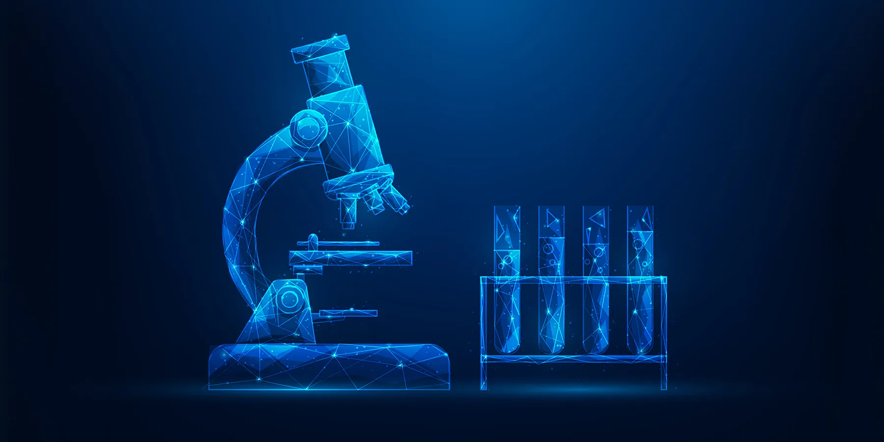 Illustration of a blue microscope and a test tube rack sitting on a clinical laboratory bench.
