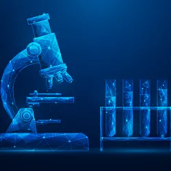 Illustration of a blue microscope and a test tube rack sitting on a clinical laboratory bench.