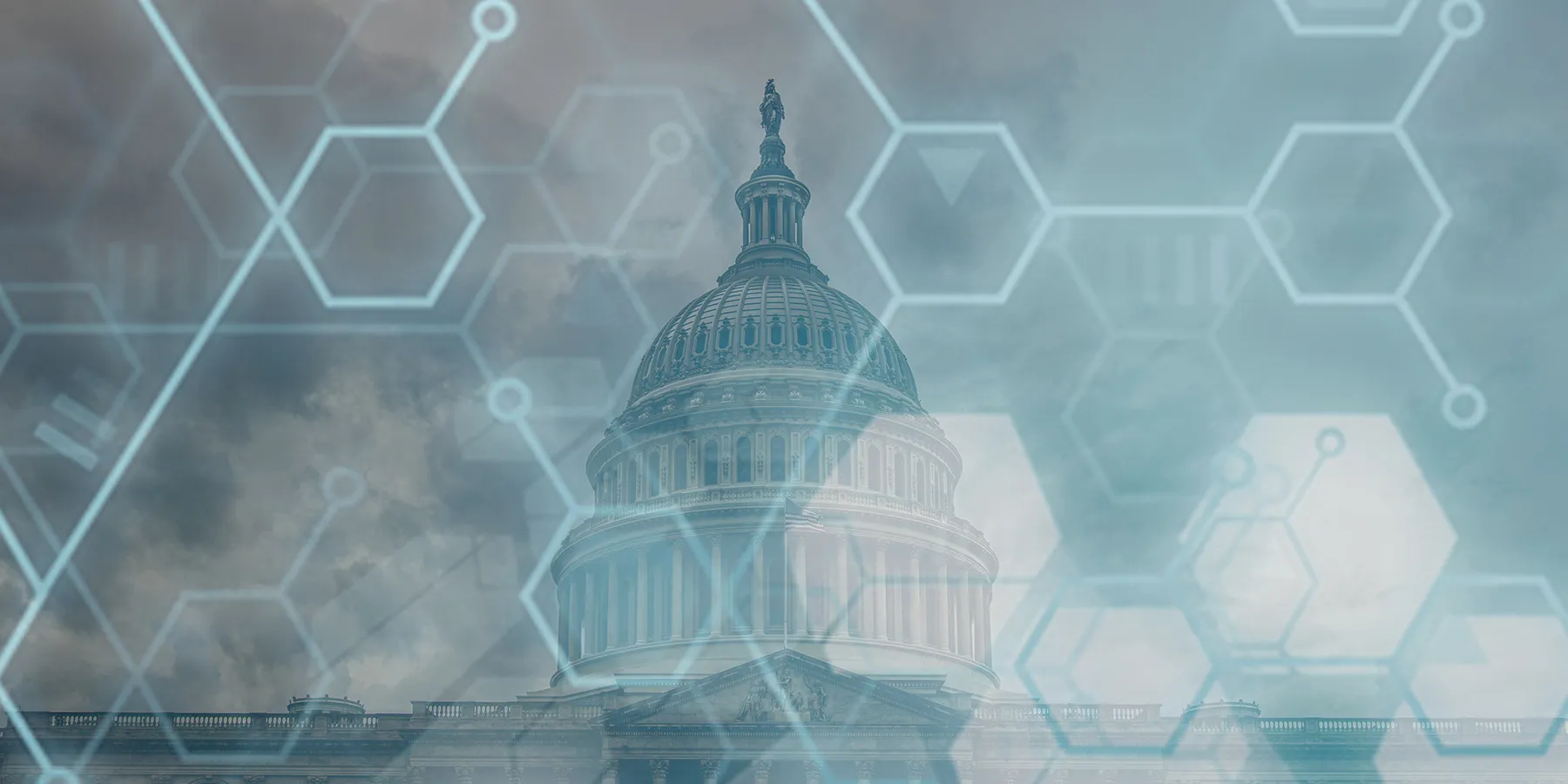 fda-releases-new-principles-for-machine-learning-enabled-medical-devices Illustration of a US government building superimposed with chemical structures on top.