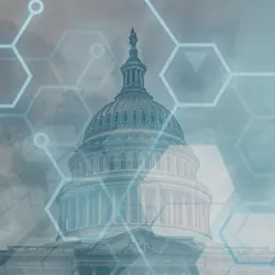 Illustration of a US government building superimposed with chemical structures on top.