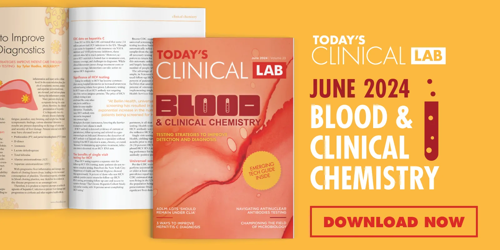 Banner showing the cover of the June 2024 print issues of Today's Clinical Lab with a blood smear design on an orange background.