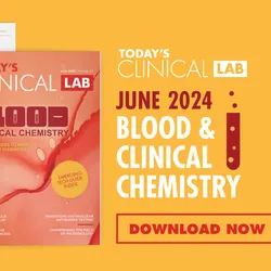 Banner showing the cover of the June 2024 print issues of Today's Clinical Lab with a blood smear design on an orange background.