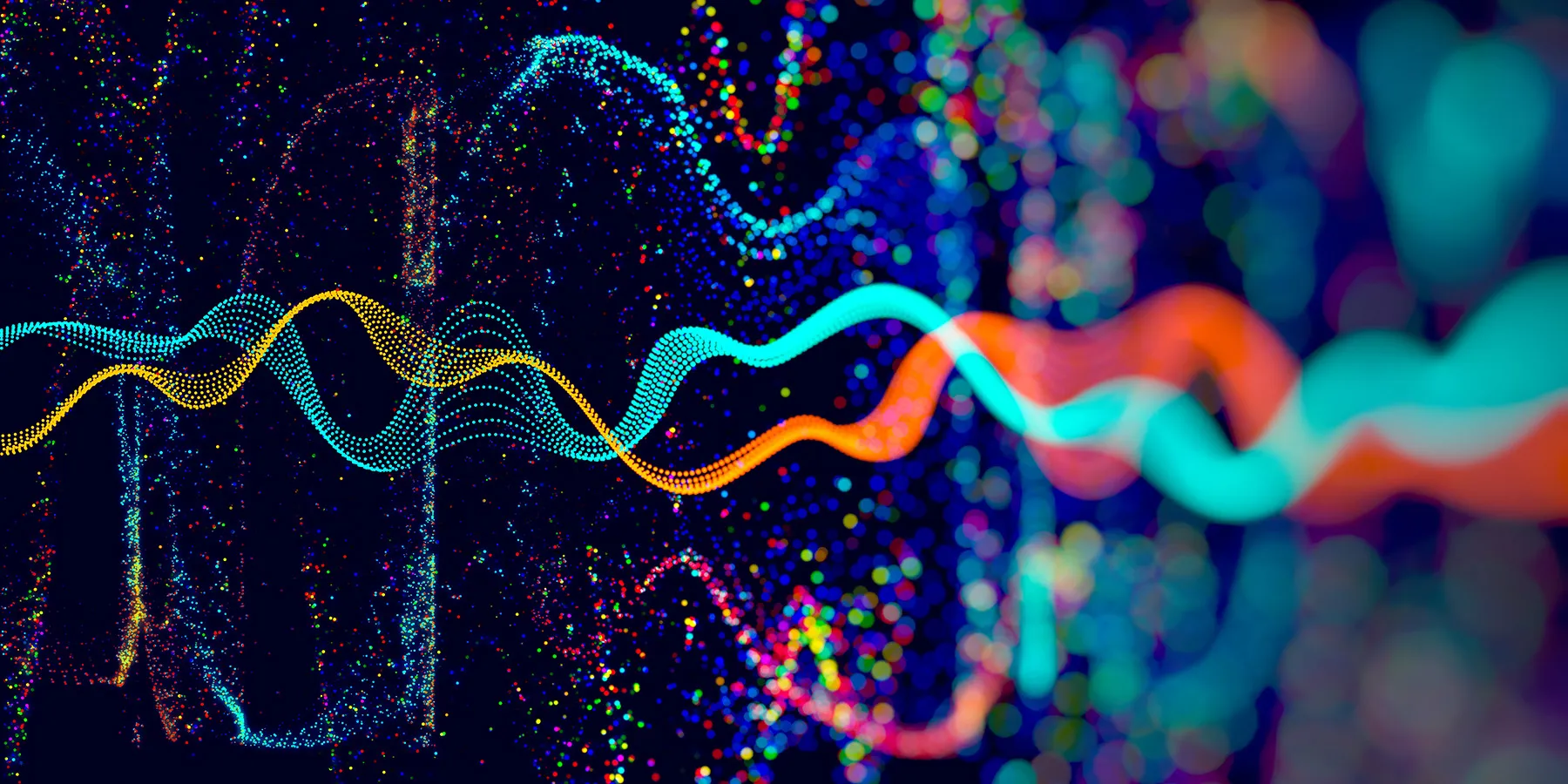 Illustration of colourful light particles dancing randomly across a dark plane.