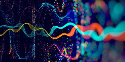 Illustration of colourful light particles dancing randomly across a dark plane.