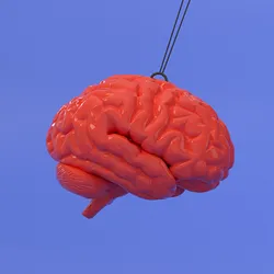 Illustration showing five human brains where four of them are colored blue and one is colored red.