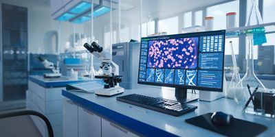 Photo of a computer with a digital clinical sample file open on the screen sitting on a lab bench in a clinical trial department.