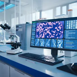 Photo of a computer with a digital clinical sample file open on the screen sitting on a lab bench in a clinical trial department.