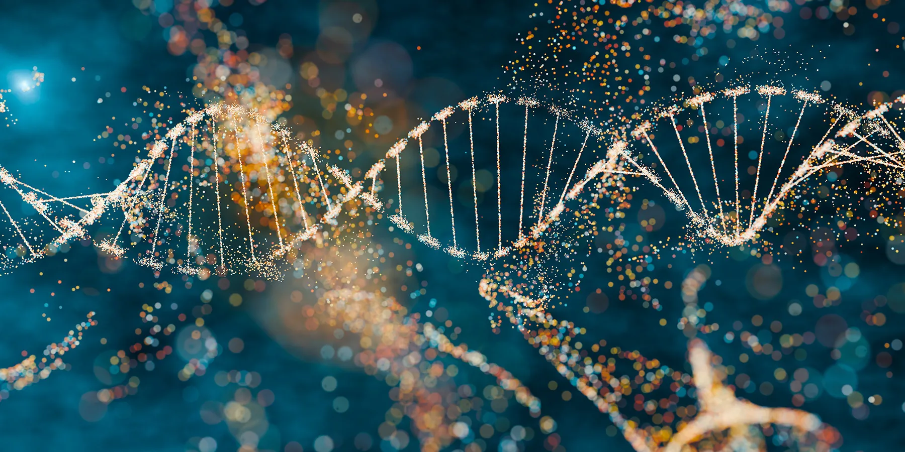 Illustration of a DNA helix molecule on a turquoise background representing HIV genome.