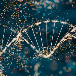 Illustration of a DNA helix molecule on a turquoise background representing HIV genome.