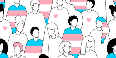  Illustration line drawing of many people colored with blue and pink colors from the transgender flag.