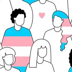  Illustration line drawing of many people colored with blue and pink colors from the transgender flag.