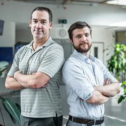 Photo portrait of Dr. Edward A. Curtis, head of the Functional Potential of Nucleic Acids research group (left), and Martin Volek, PhD student in Edward Curtis Group, IOCB Prague.