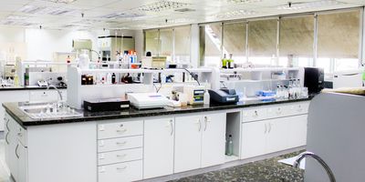 Photo of laboratory benches inside a clinical laboratory.