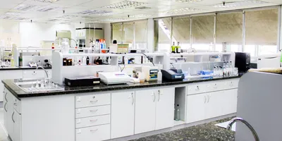 Photo of laboratory benches inside a clinical laboratory.