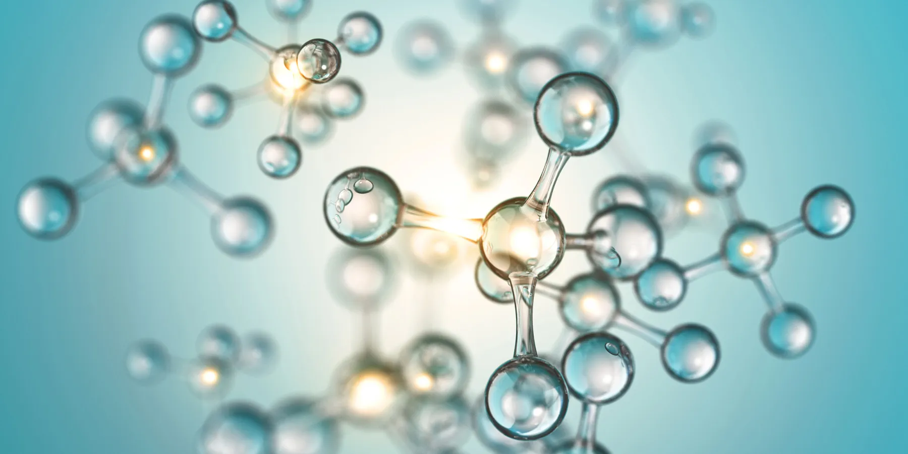 Illustration of a transparent molecular structure against a blue background representing the chemical technique bioconjugation.