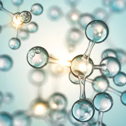 Illustration of a transparent molecular structure against a blue background representing the chemical technique bioconjugation.
