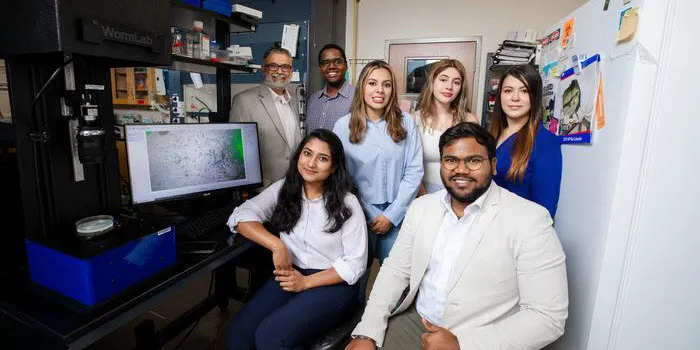 Researchers at The University of Texas at El Paso have made significant inroads in understanding how nanoplastics and per- and polyfluoroalkyl substances (PFAS)—commonly known as forever chemicals—disrupt biomolecular structure and function. Their findings are described in two recent articles in the Journal of the American Chemical Society and ACS Applied Materials and Interfaces. The research team includes (top row, L-R): Mahesh Narayan, PhD, professor and chief of the Division of Biochemistry in UTEP’s Department of Chemistry and Biochemistry; Randhal Ramirez Orozco, doctoral student of computational science; Sophia Borrego, sophomore biomedical sciences major; Samantha Arce, sophomore biomedical sciences major; Daisy Wilson, doctoral student of environmental science and engineering; (bottom row, L-R) Ummy Habiba Sweety, doctoral student of environmental science and engineering; and Jyotish Kumar, doctoral student in the Department of Chemistry and Biochemistry. Lela Vukovic, PhD (not pictured), associate professor in the Department of Chemistry and Biochemistry, was also involved in the research.