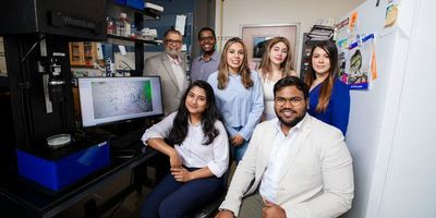 Researchers at The University of Texas at El Paso have made significant inroads in understanding how nanoplastics and per- and polyfluoroalkyl substances (PFAS)—commonly known as forever chemicals—disrupt biomolecular structure and function. Their findings are described in two recent articles in the Journal of the American Chemical Society and ACS Applied Materials and Interfaces. The research team includes (top row, L-R): Mahesh Narayan, PhD, professor and chief of the Division of Biochemistry in UTEP’s Department of Chemistry and Biochemistry; Randhal Ramirez Orozco, doctoral student of computational science; Sophia Borrego, sophomore biomedical sciences major; Samantha Arce, sophomore biomedical sciences major; Daisy Wilson, doctoral student of environmental science and engineering; (bottom row, L-R) Ummy Habiba Sweety, doctoral student of environmental science and engineering; and Jyotish Kumar, doctoral student in the Department of Chemistry and Biochemistry. Lela Vukovic, PhD (not pictured), associate professor in the Department of Chemistry and Biochemistry, was also involved in the research.