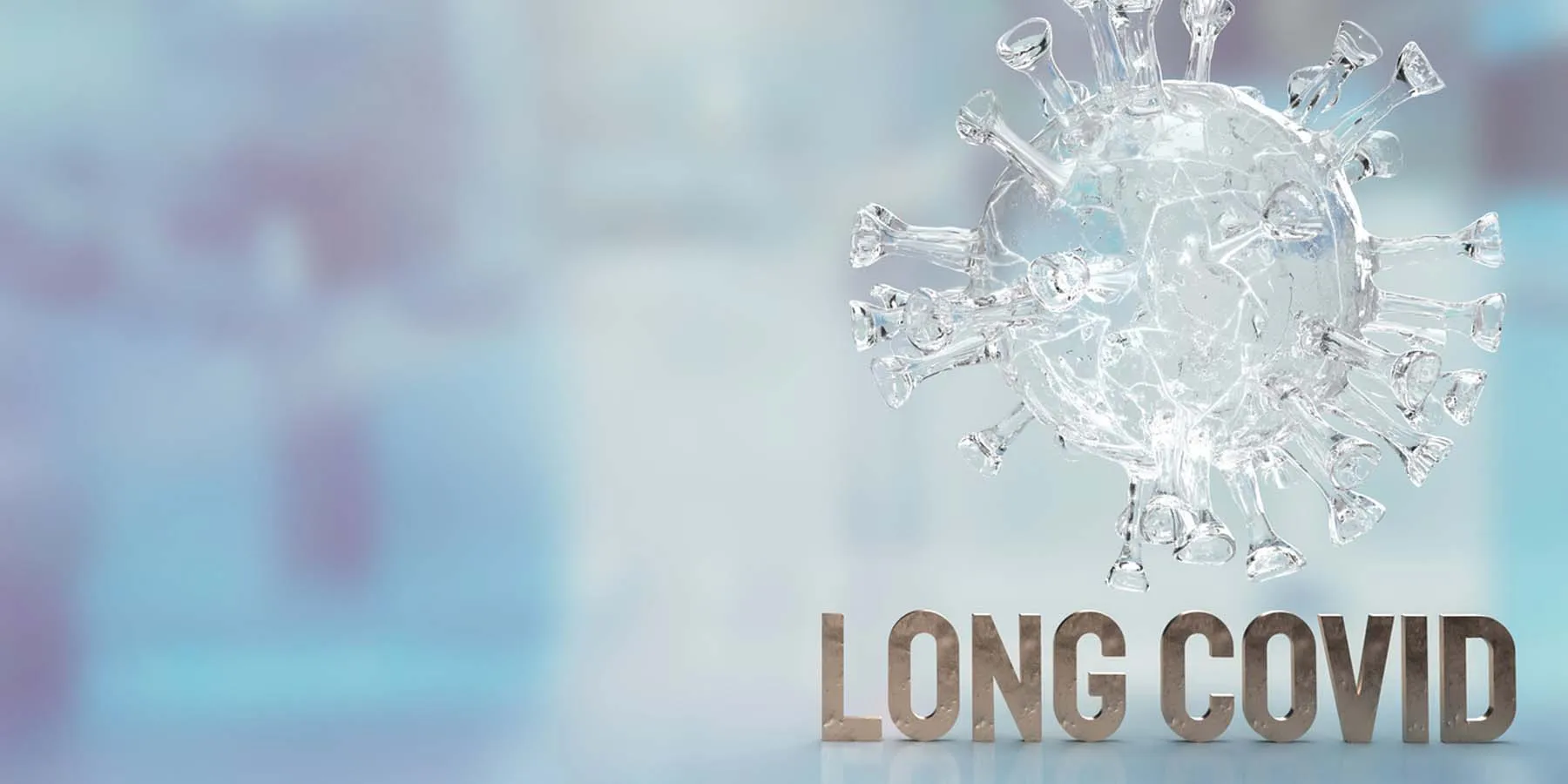  Illustration of a transparent model of the SARS-CoV-2 virus structure with the words, long covid, on a blue background.