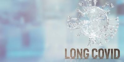  Illustration of a transparent model of the SARS-CoV-2 virus structure with the words, long covid, on a blue background.