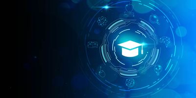 Illustration of a glowing graduation cap against a blue gradient background to represent academics and clinical researchers.