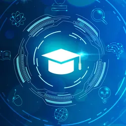 Illustration of a glowing graduation cap against a blue gradient background to represent academics and clinical researchers.