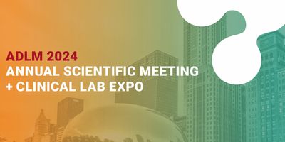 Banner with the skyline of Chicago in the background overlaid with orange and green for the the ADLM 2024 conference.