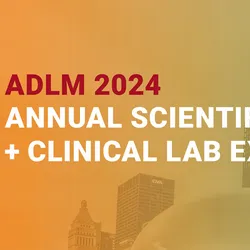 Banner with the skyline of Chicago in the background overlaid with orange and green for the the ADLM 2024 conference.