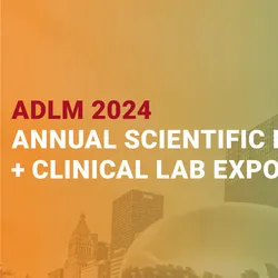 Banner with the skyline of Chicago in the background overlaid with orange and green for the the ADLM 2024 conference.