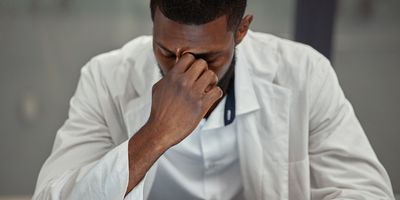 Photo of a Black medical laboratory scientist wearing a white lab coat resting his head on his hand and looking down at the laboratory bench.