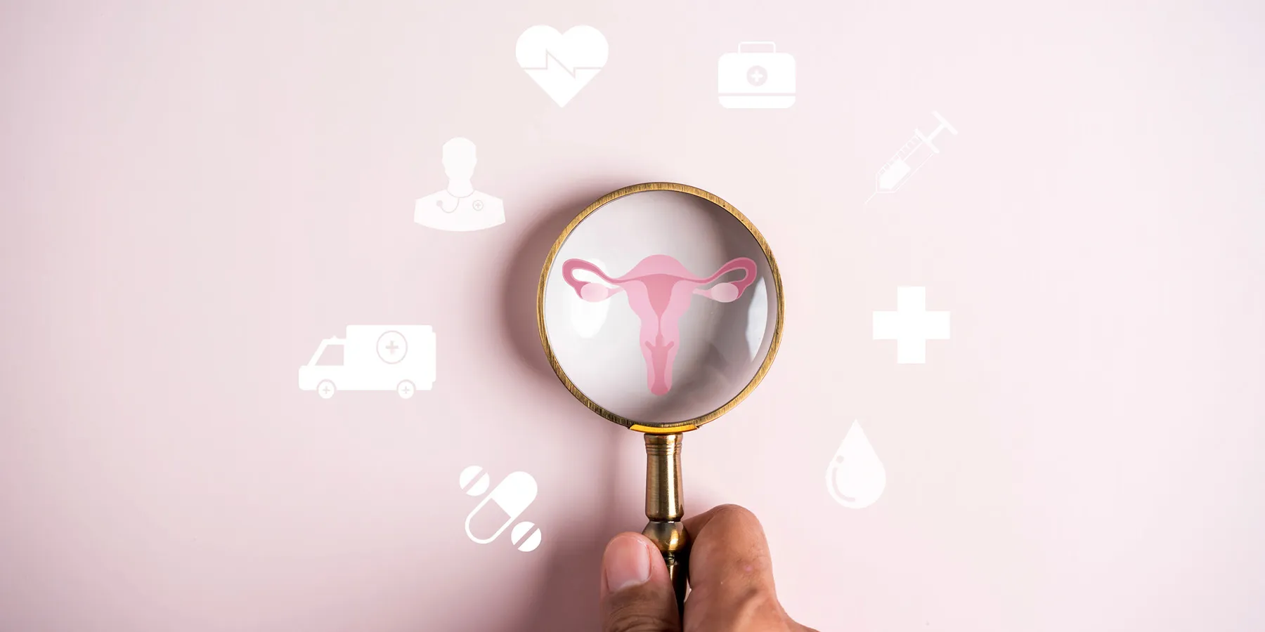 Illustration of a person’s hand holding a magnifying glass on top of a drawing of the uterus and fallopian tubes on a pink background.