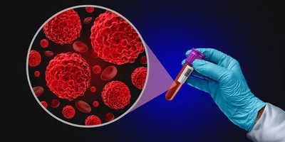 Illustration of a clinical lab scientist wearing gloves and holding a tube of blood with a zoom-in on blood antibodies for syphilis.