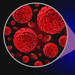Illustration of a clinical lab scientist wearing gloves and holding a tube of blood with a zoom-in on blood antibodies for syphilis.